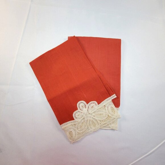 Vintage Hand Sewn Red Embroidered Brussels Belgium Lace Tea Towels 17x10 inches - Picture 2 of 9